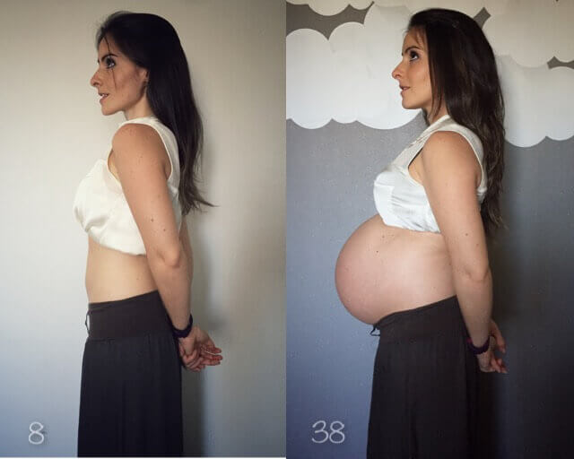 Comparação do tamanho da barriga de grávida da Débora às 8 e 38 semanas